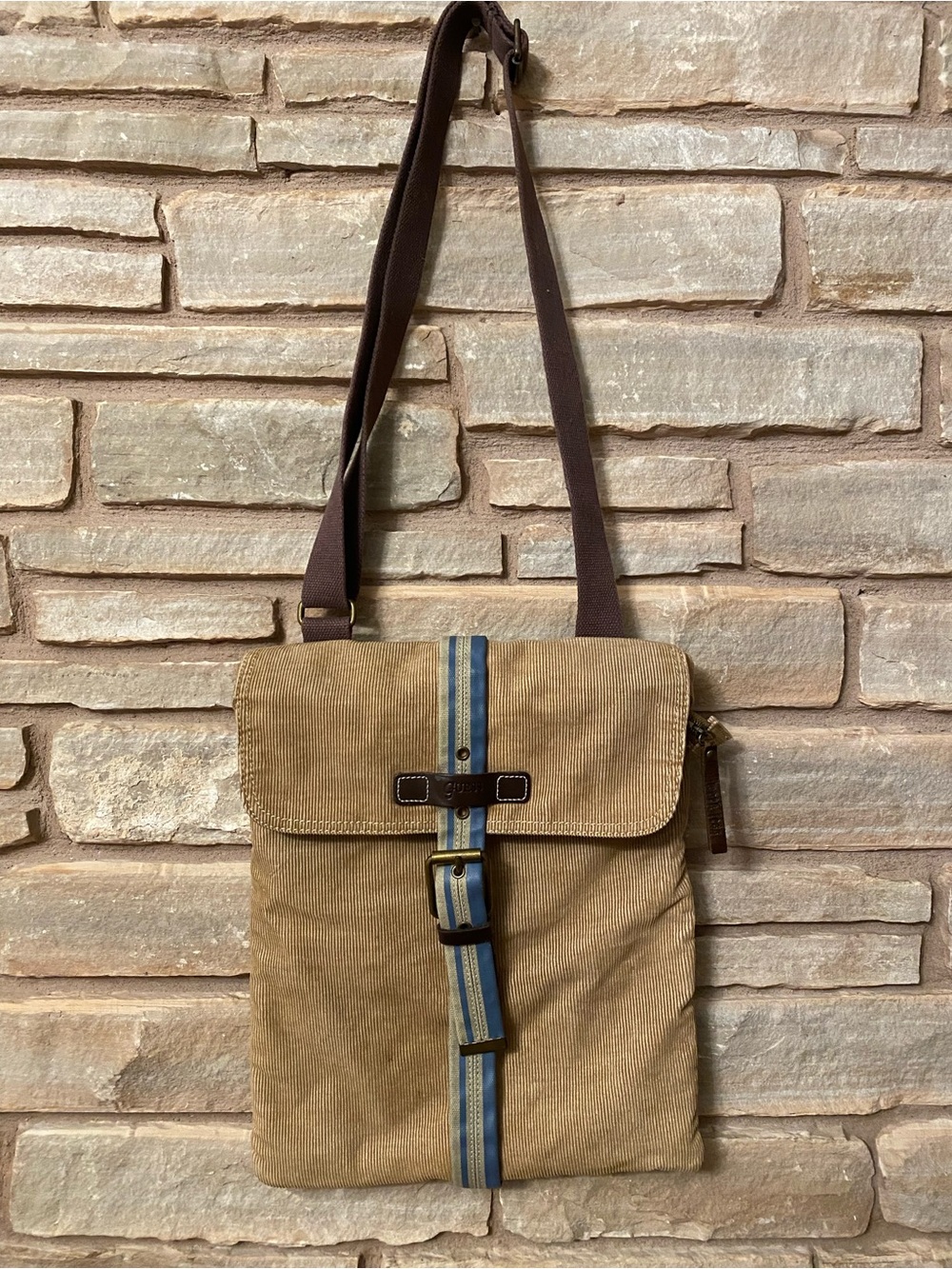Guess Messenger Bag Tan Corduroy Blue Stripe Y2K Crossbody Adjustable Strap